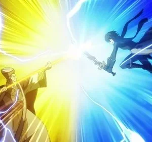 Dois personagens em batalha energética. Um ancião com cajado e energia amarela colide com um guerreiro de espada e energia azul. Combate intenso.