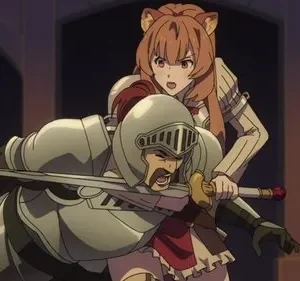 Mulher com orelhas de animal, atrás de um cavaleiro de armadura, o apunhala com uma espada. Ele grita de dor. Ação intensa.