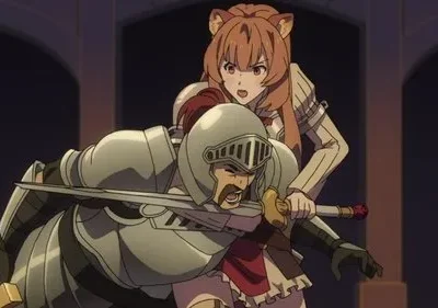 Mulher com orelhas de animal, atrás de um cavaleiro de armadura, o apunhala com uma espada. Ele grita de dor. Ação intensa.