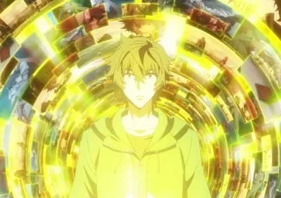 Jovem anime de cabelo verde em moletom claro encara, rodeado por um túnel de anéis brilhantes com imagens e luz amarela vibrante.