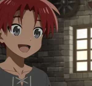 Anime: menino de cabelo ruivo e sorriso feliz, vestindo camisa simples, em ambiente rústico de tijolos com janela.