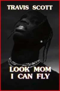 Travis Scott: Voando Alto 10 Pôster monocromático: Homem negro de dreads, com grill e colar brilhante, olhando para cima. Fundo escuro. Clima forte e estilizado.