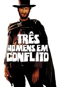 Três Homens em Conflito 1 Homem de faroeste com chapéu, barba, charuto, poncho escuro e revólver. Olhar penetrante e pose confiante em fundo branco.