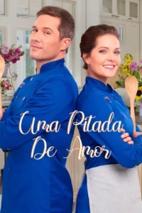 Pôster:Um homem e uma mulher,chefs sorridentes em uniformes azuis,encostados em uma cozinha iluminada. Clima alegre e romântico.