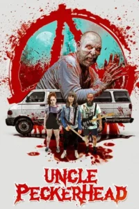Pôster de horror: zumbi gigante e ensanguentado sobre um símbolo de anarquia vermelho. Três músicos punk com instrumentos e uma van suja de sangue.