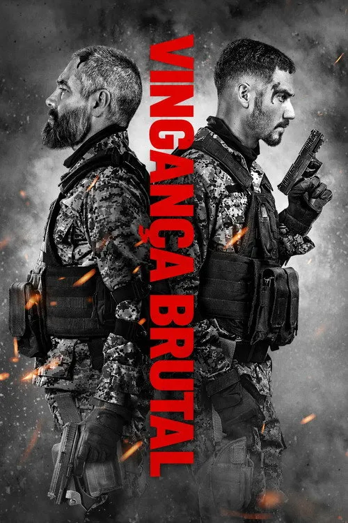 Vingança Brutal 1 Dois homens em uniforme militar e coletes,de costas,armados com pistolas. Fundo escuro com faíscas. Ação e tensão.