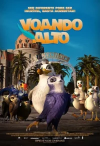 Pôster animado. Uma gaivota branca e um pássaro roxo lideram um grupo de aves. Cenário ensolarado com hotel e palmeiras ao fundo. Clima alegre.