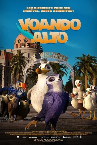 Pôster animado. Uma gaivota branca e um pássaro roxo lideram um grupo de aves. Cenário ensolarado com hotel e palmeiras ao fundo. Clima alegre.