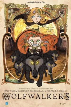 Pôster: Menina loira e ruiva selvagem. Abaixo, lobos de olhos brilhantes na floresta escura, em moldura de folhagens.