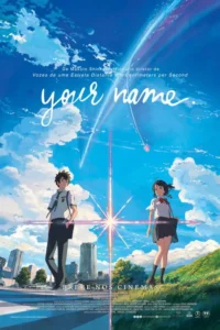 Anime:jovem e garota em uniformes,lados opostos de brilho estelar. Um na cidade,outro no campo,sob céu azul com cometas.