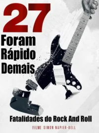 Pôster com guitarra elétrica preta quebrada em vários pedaços,com uma mão segurando o braço. Fundo claro. Clima rock'n'roll.