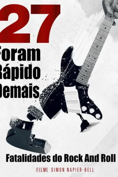 Pôster com guitarra elétrica preta quebrada em vários pedaços, com uma mão segurando o braço. Fundo claro. Clima rock'n'roll.