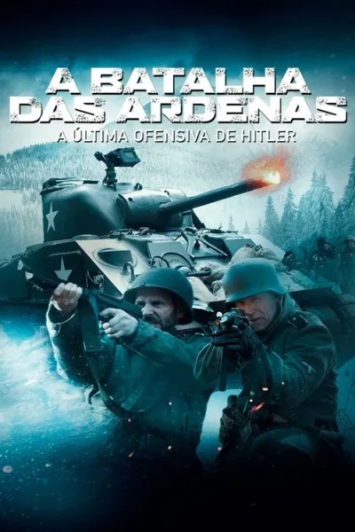 Soldados inimigos armados em primeiro plano, um tanque disparando no fundo, em floresta nevada. Intensa batalha invernal.