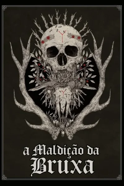 Pôster sombrio: crânio humano e de animal, chifres, galhos, folhas e runas vermelhas. Atmosfera mística de horror e natureza.