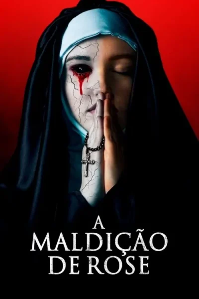 Freira com metade do rosto rachado, olho preto sangrando. Mãos em oração seguram um rosário. Fundo vermelho, clima de terror.