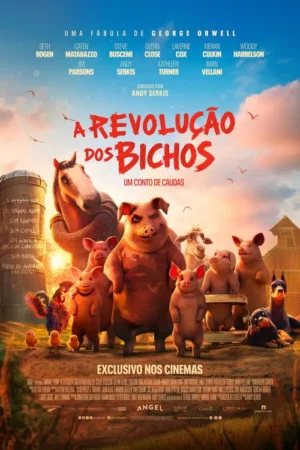 Animais de fazenda antropomórficos: porcos dominantes, cavalo, cabra, cães, galo e pintinhos, num campo ensolarado ao amanhecer.