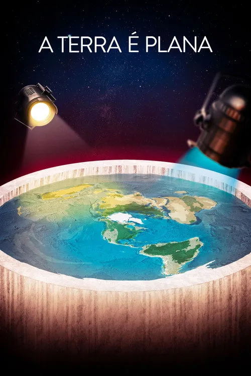 A Terra é Plana 1 Modelo de Terra plana com continentes e oceanos,iluminado por dois holofotes contra um céu estrelado. Clima teatral.