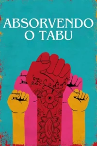 Três punhos erguidos em vermelho, rosa e amarelo. O punho central tem padrões florais estilo mehndi. Fundo azul texturizado.