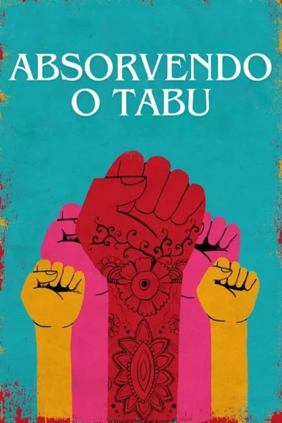 Três punhos erguidos em vermelho, rosa e amarelo. O punho central tem padrões florais estilo mehndi. Fundo azul texturizado.