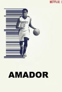 Pôster monocromático:Jovem jogador de basquete dribla,com barras horizontais abstratas à esquerda. Clima sério e atlético.