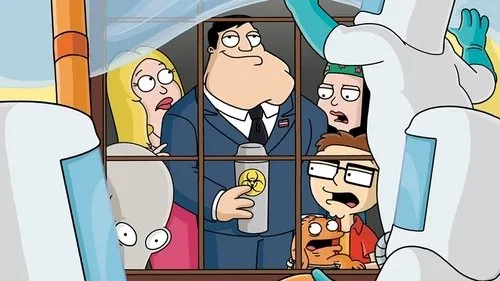 American Dad!– T01E02:Níveis de Ameaça 1 Família animada aterrorizada olha por janela gradeada. Homem segura copo com símbolo biohazard. Fora,pessoas em trajes protetores tentam entrar.