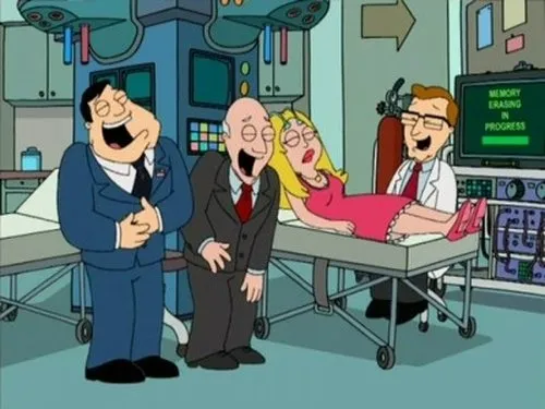 American Dad!– T01E04:A Perda de Memória de Francine 1 Em sala médica:três homens riem alto. Uma mulher loira de rosa está em uma maca,com um monitor ao fundo exibindo Memória sendo apagada.
