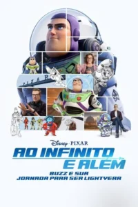 Pôster colagem: Buzz Lightyear em versões realista, brinquedo e rascunhos, junto com criadores. Fundo branco.