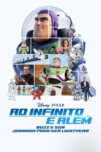 Pôster colagem: Buzz Lightyear em versões realista, brinquedo e rascunhos, junto com criadores. Fundo branco.