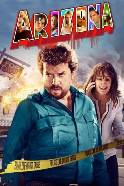 Um homem barbudo sério e uma mulher aterrorizada em poster caótico. Casa explode, há fita policial e rostos assustados em cima.