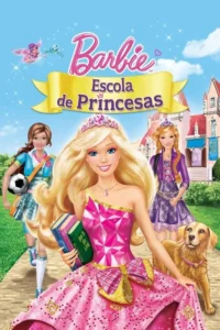 Três jovens,incluindo uma princesa loira de rosa,outras em trajes colegiais,um cão e um castelo rosa ao fundo.