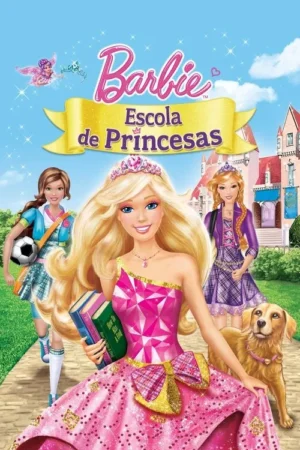 Três jovens, incluindo uma princesa loira de rosa, outras em trajes colegiais, um cão e um castelo rosa ao fundo.