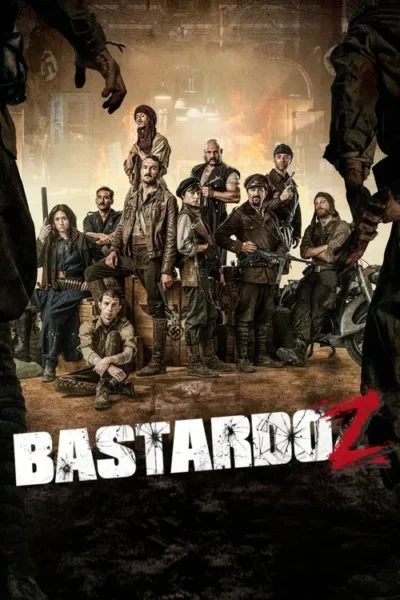 Pôster sombrio com 10 personagens armados, alguns em uniformes, em um cenário de ruínas e fogo. Mãos gigantes em primeiro plano. Clima de guerra/ação.