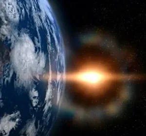 A Terra vista do espaço com uma tempestade e uma luz dourada intensa no lado direito. Clima sci-fi e épico.