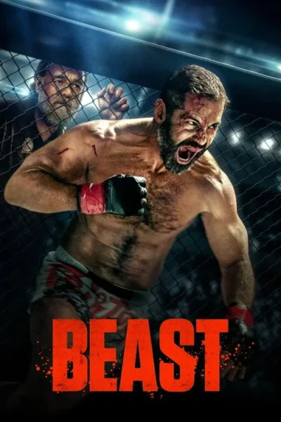 Homem musculoso e barbudo, rosto ensanguentado, grita numa jaula de MMA. Um homem mais velho o observa. Clima brutal de luta.