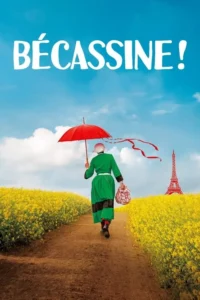Mulher de verde com guarda-chuva vermelho e bolsa caminha por campo amarelo florido. Torre Eiffel vermelha ao fundo,sob céu azul.