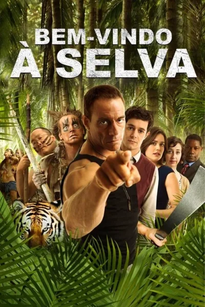 Homem musculoso aponta em selva densa. Atrás, um tigre, nativos com lanças e pessoas urbanas apreensivas. Clima de ação e aventura.