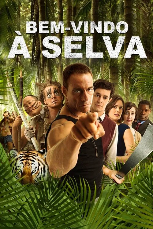 Bem-vindo à Selva 1 Homem musculoso aponta em selva densa. Atrás,um tigre,nativos com lanças e pessoas urbanas apreensivas. Clima de ação e aventura.