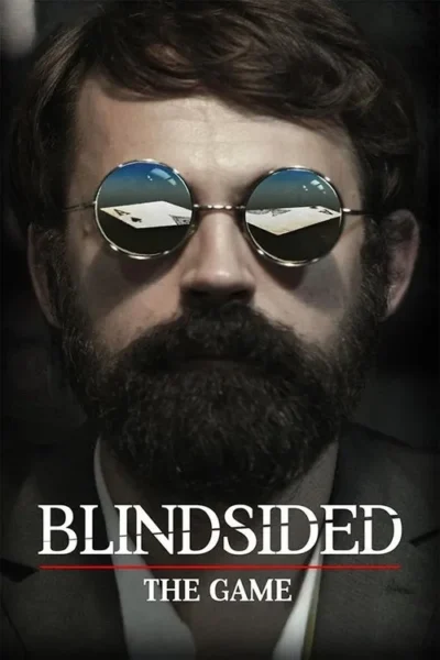 Close-up de homem barbudo com óculos redondos. Reflexos de cartas de baralho nas lentes. Clima de jogo e mistério.