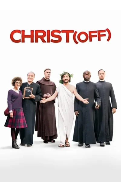 Pôster cômico: seis pessoas de pé contra fundo branco. Uma mulher, quatro homens em trajes clericais e um homem sorrindo, vestido como Jesus.