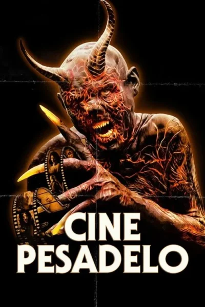 Criatura demoníaca com chifres, pele incandescente e garras afiadas, segurando uma fita de filme. Fundo preto. Horror.