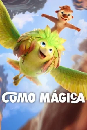 Pequeno roedor marrom feliz voa nas costas de um pássaro verde folhoso sorridente, no céu azul. Aventura e alegria.