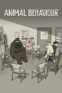 Pôster de animação: Animais diversos (gorila, porco, gato, cachorro com óculos) em sessão de terapia de grupo numa sala. Humor sutil.