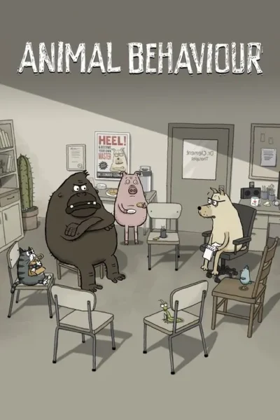 Pôster de animação: Animais diversos (gorila, porco, gato, cachorro com óculos) em sessão de terapia de grupo numa sala. Humor sutil.