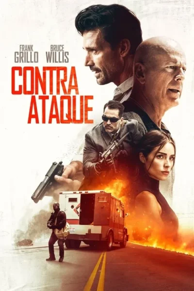 Pôster de ação com rostos sérios de três homens e uma mulher, emoldurando um caminhão blindado sob ataque com explosões e armas. Intenso.