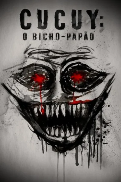 Pôster de horror com um rosto monstruoso, olhos vermelhos brilhantes e dentes afiados, em estilo de pintura escura e gotejante.