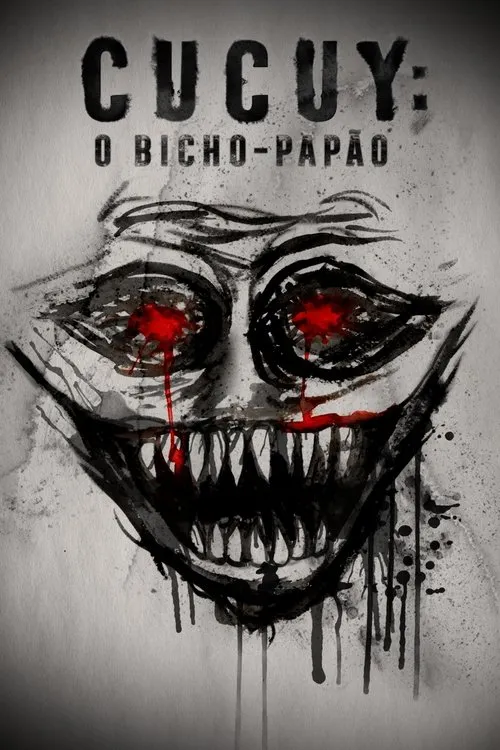 Pôster de horror com um rosto monstruoso,olhos vermelhos brilhantes e dentes afiados,em estilo de pintura escura e gotejante.