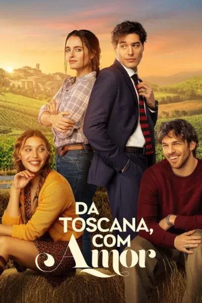 Quatro pessoas em paisagem toscana dourada. Mulher e homem elegantes; jovem sorridente e homem barbudo descontraído em feno. Clima romântico.