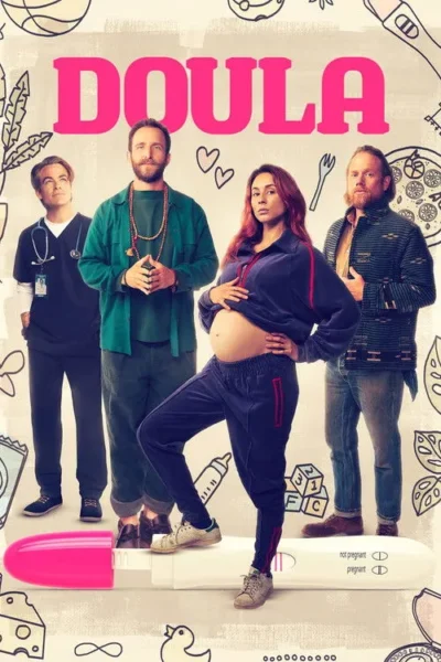 Mulher grávida com barriga exposta entre três homens. Fundo divertido com rabiscos de bebê e um grande teste de gravidez. Pôster com clima cômico.