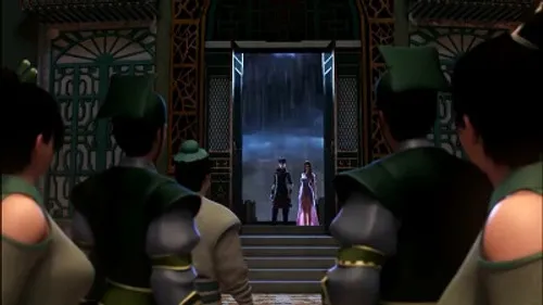 Doupo Cangqiong – T01E01:Episódio 1 1 Pessoas em trajes antigos encaram dois indivíduos na entrada de um edifício grandioso. Chove intensamente lá fora,criando um clima tenso.