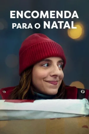 Mulher sorridente de gorro e casaco vermelhos, olhando para o lado e segurando uma caixa. Fundo noturno com luzes desfocadas.